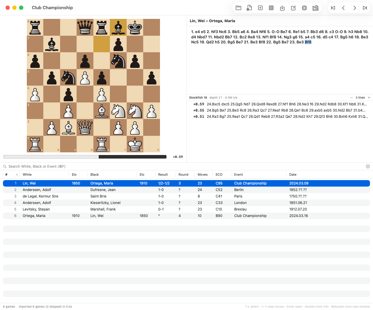 DC Studio: board, annotated notation, Stockfish analysis with three lines, and the game list